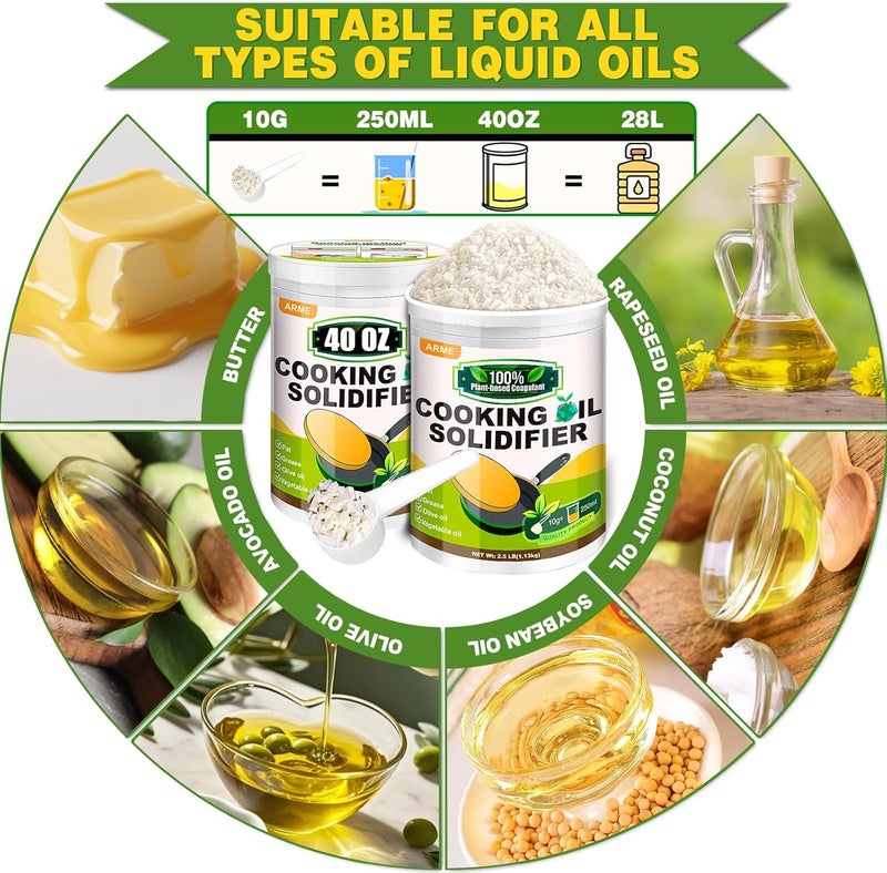 Arme Oil Solidifier, 40 Oz(2.5Lb) Cooking Oil Solidifier for Disposal(Disposal Up to 7.4 Gallons/113Cups), 100% Plant-Based Grease Solidifying Powder, Fat Hardener for Disposal Kitchen&Restaurant Use - Image 2